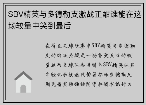 SBV精英与多德勒支激战正酣谁能在这场较量中笑到最后